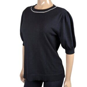 H By Halston Puff Sleeve Top with Rhinestone Detail Fine Black Knit Sweater